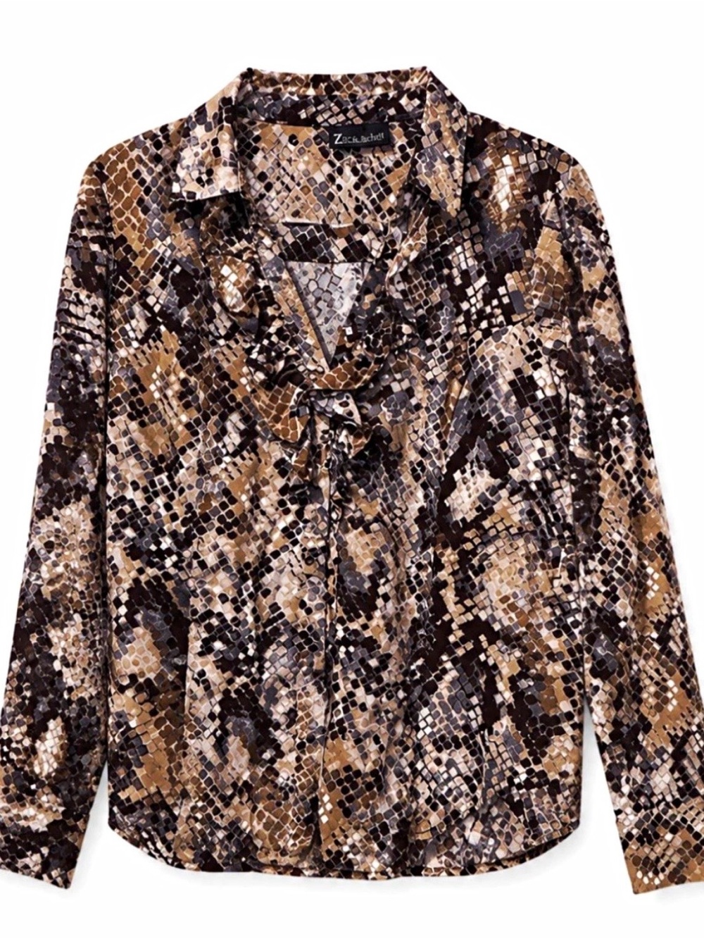 Zac & Rachel Brown Snake-Print Ruffle Blouse
